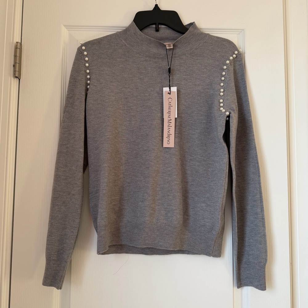 New Women’s Catherine Malandrino Gray Sweater with Pearl Accents